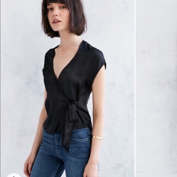 silence + noise Tops - Black Silky Sexy V Neck, Wrap Top/Blouse